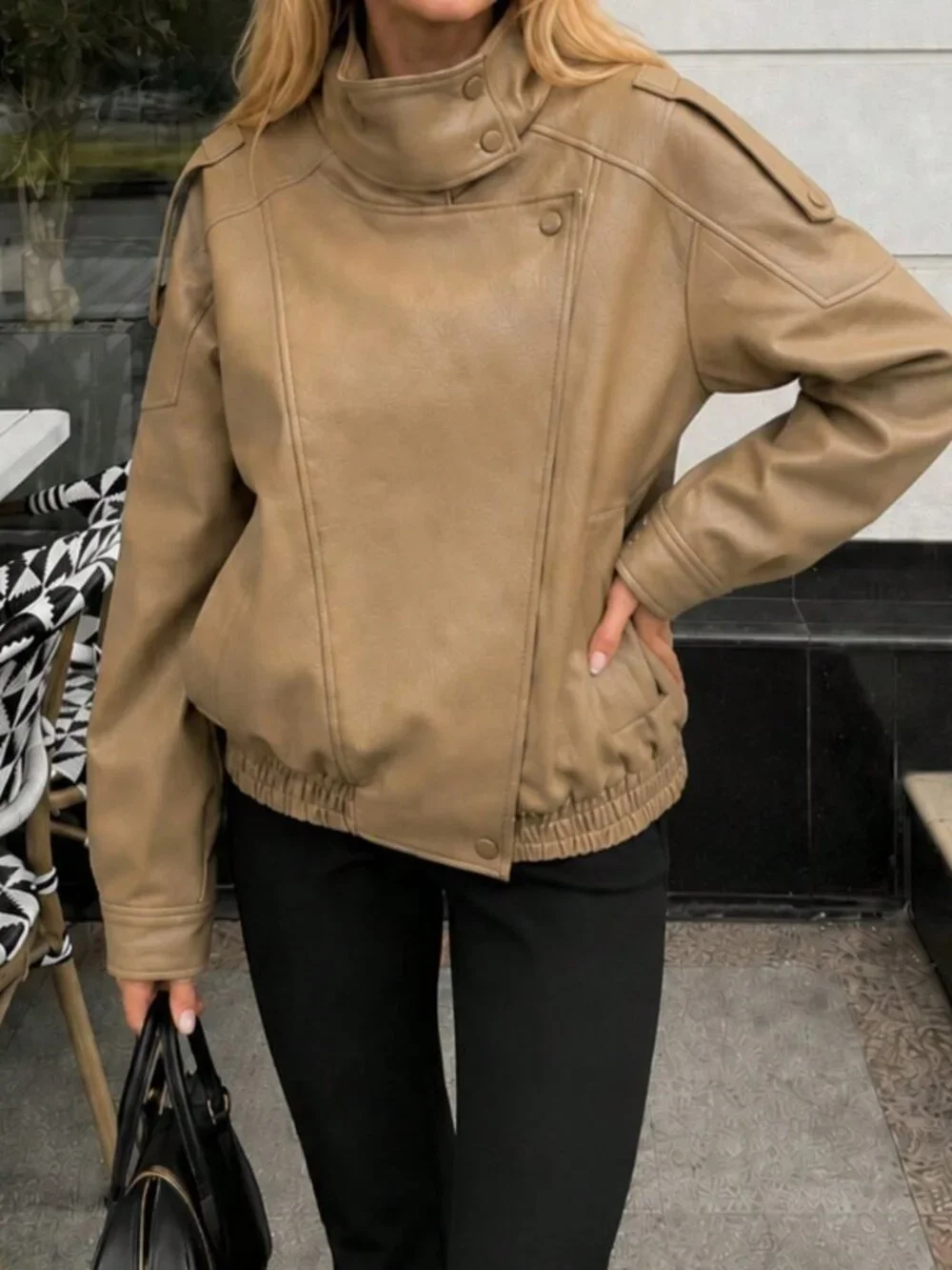 Khaki Casual Women's Oversized High Collar Faux Leather Jacket
